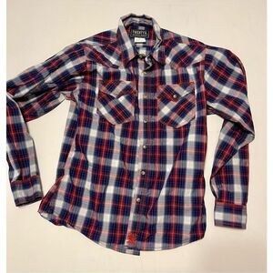 Twenty X Wrangler Button Shirt Boys Sz XL 14 16 Blue Red White Plaid Long Sleeve